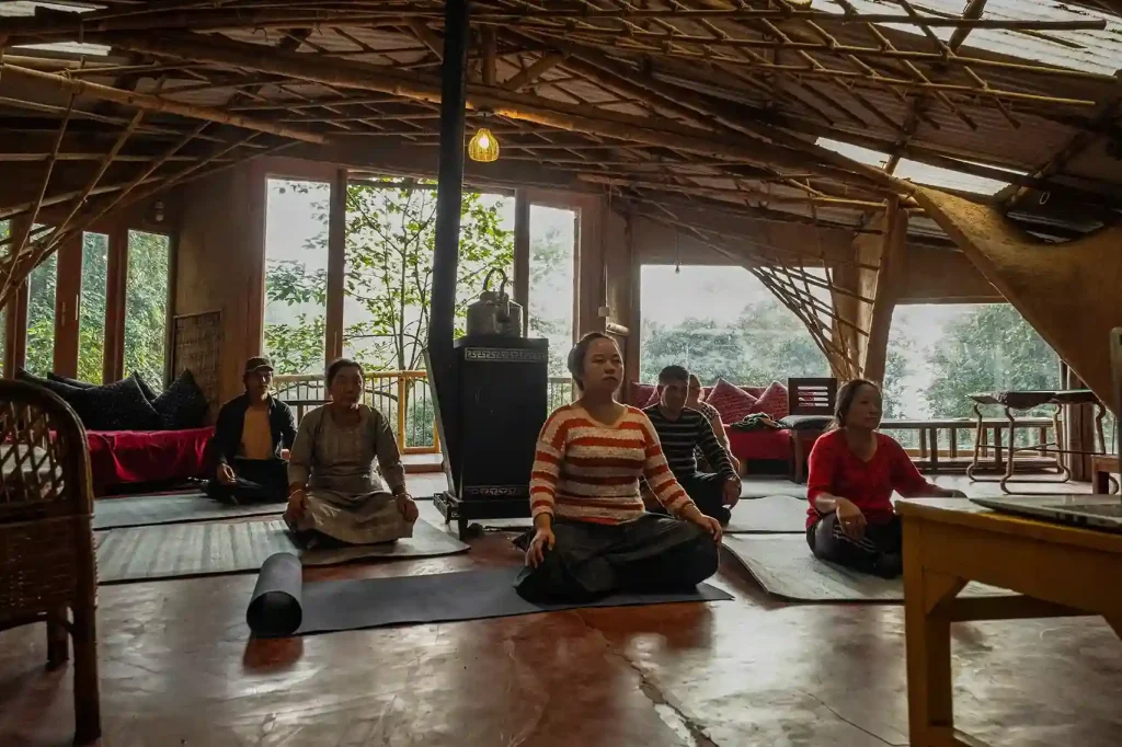 Team meditation in Sukhasana - a peaceful yoga practice surrounded by nature. TIEEDI, Darjeeling